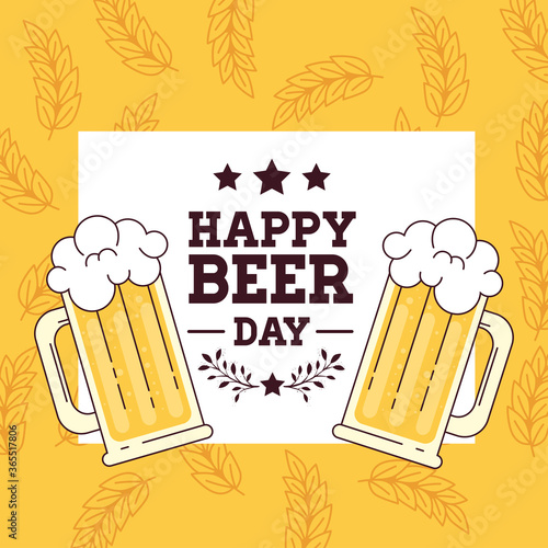 international beer day, august, mugs glass of beer vector illustration design