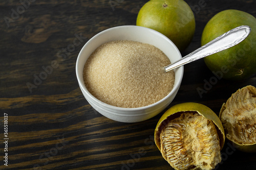 Schilderij op canvas dried monk fruit, luo han guo, and monk fruit sugar crystals accompanied with a