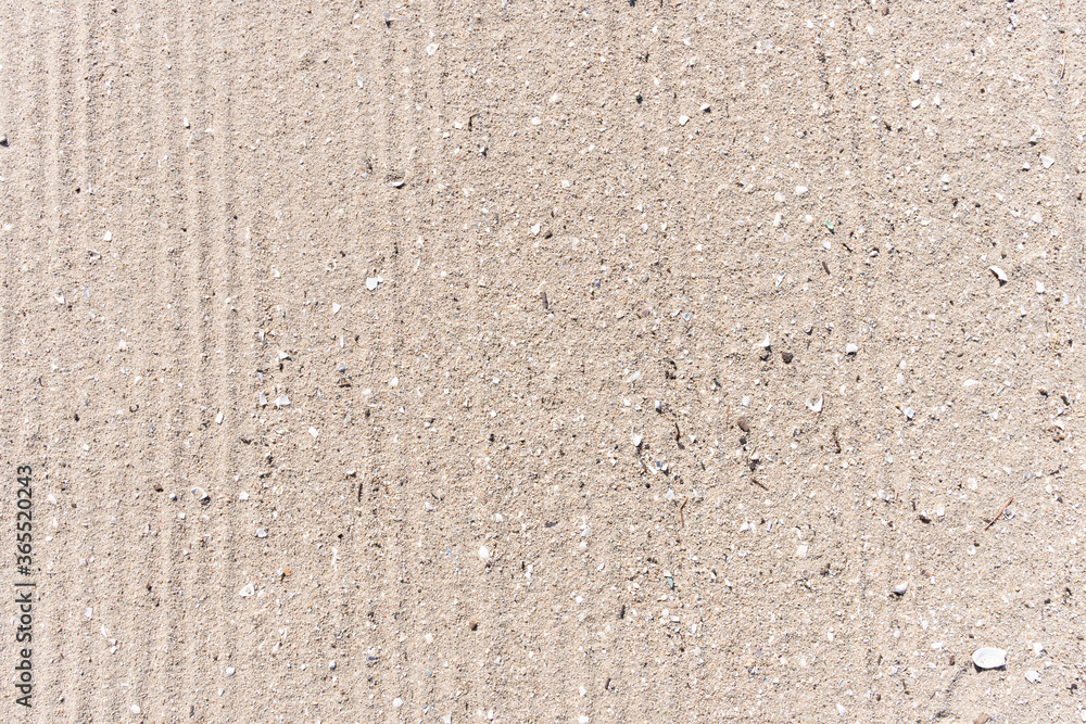 Fototapeta premium Sand beach background with Truck trail on cleaning surface