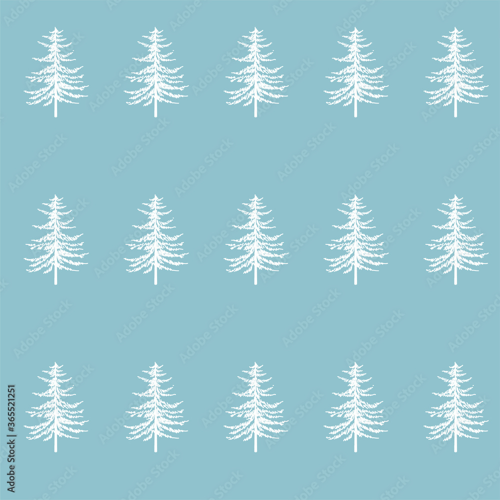 Christmas tree seamless pattern. Noel watercolor print, New year winter holiday decoration, blue christmas background with firs and white snow, wallpaper, wrapping paper design