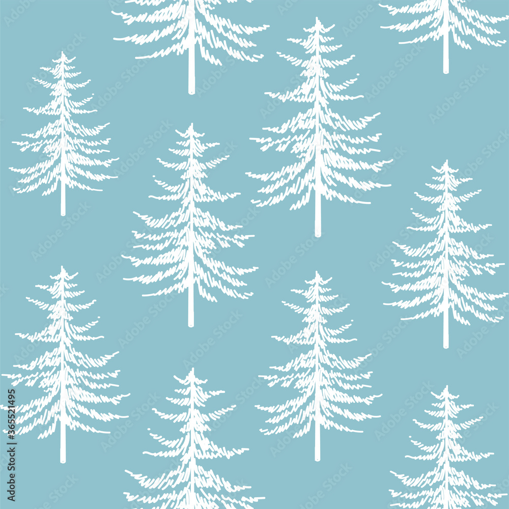 Christmas tree seamless pattern. Noel watercolor print, New year winter holiday decoration, blue christmas background with firs and white snow, wallpaper, wrapping paper design
