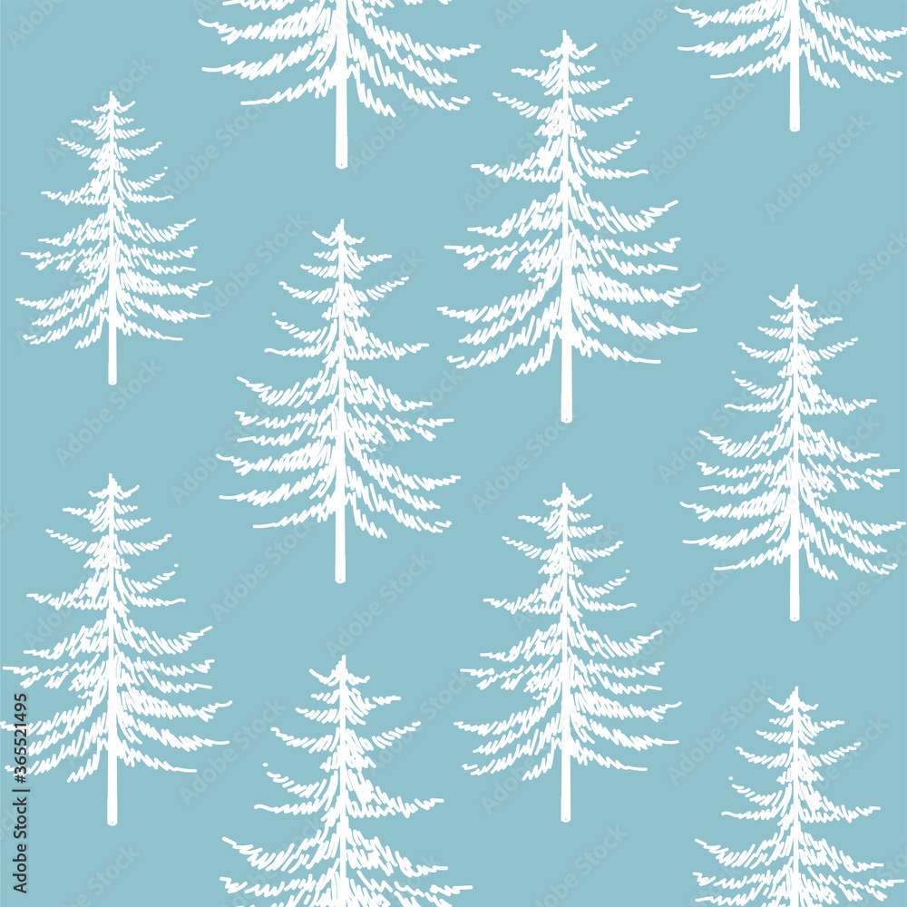 Obraz premium Christmas tree seamless pattern. Noel watercolor print, New year winter holiday decoration, blue christmas background with firs and white snow, wallpaper, wrapping paper design