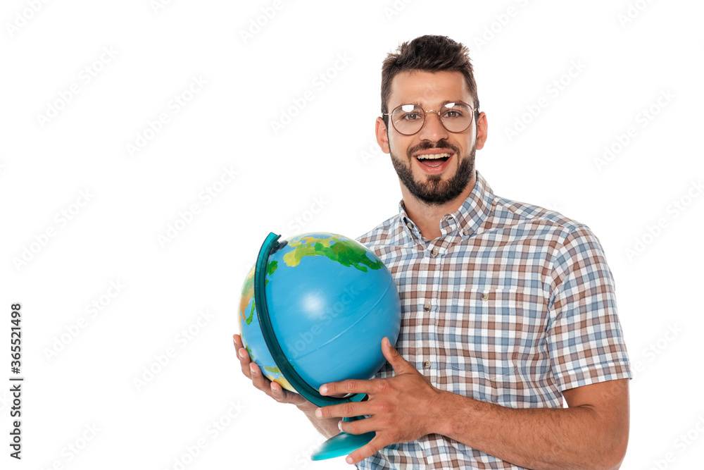 Smiling nerd looking at camera while holding globe isolated on white Smiling nerd looking at camera while holding globe isolated on white