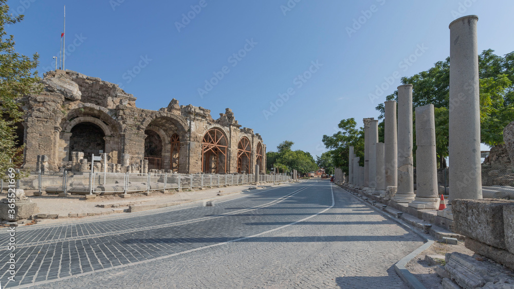 Side, Turkey - 2020: Exterior Facade of Greek Amphitheater