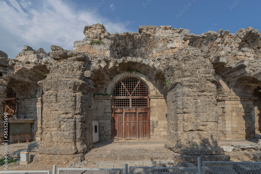 Side, Turkey - 2020: Exterior Facade of Greek Amphitheater