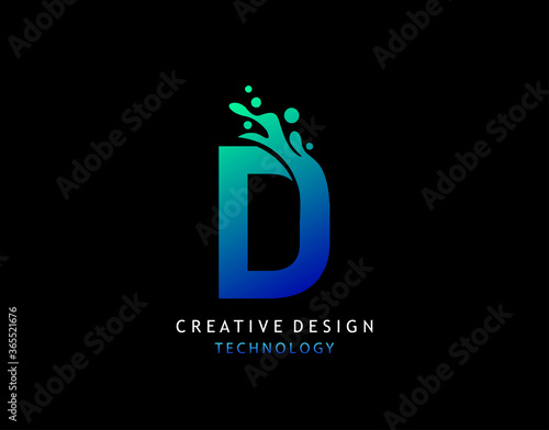 Letter D Water Splash Logo. Modern Techno Alphabetical Icon, Template Design.
