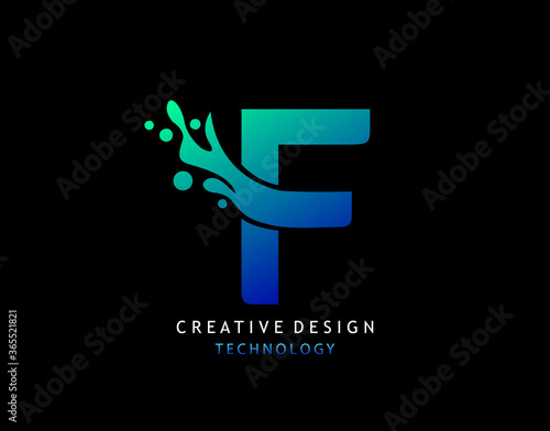 Letter F Water Splash Logo. Modern Techno Alphabetical Icon, Template Design.