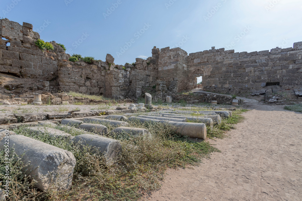 Side, Turkey - 2020: columns, walls of the old fortress near STATE AGORA