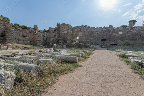 Side, Turkey - 2020: columns, walls of the old fortress near STATE AGORA