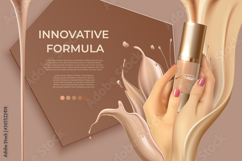 Design advertising poster for cosmetic product for catalog, magazine. Design of cosmetic package. Advertising of foundation cream, concealer, base, BB cream. Realistic creamy texture