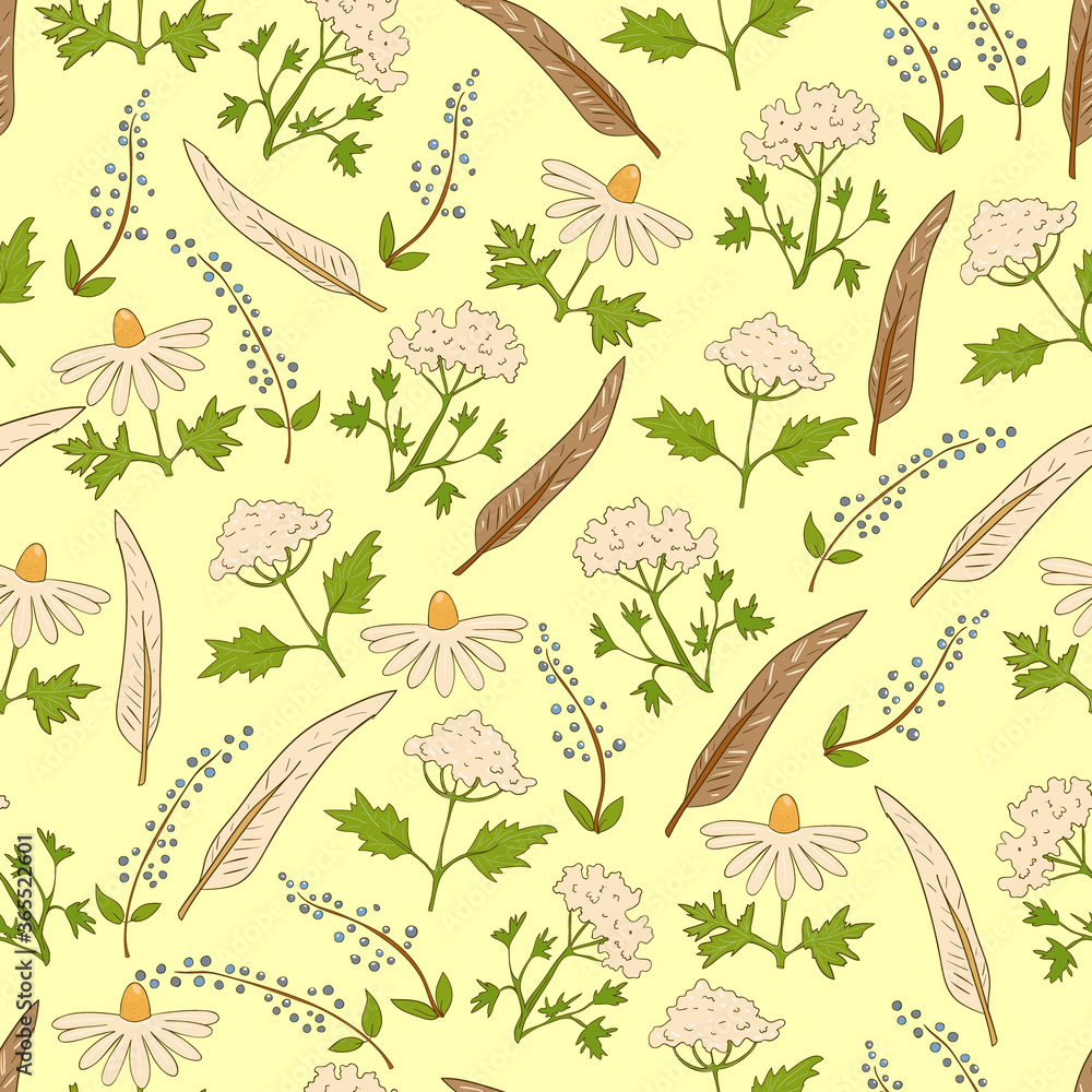 Seamless pattern with plants, flowers on a yellow Seamless pattern with plants, flowers on a yellow