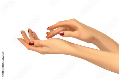 Realistic women hands with elegance manicure on white background