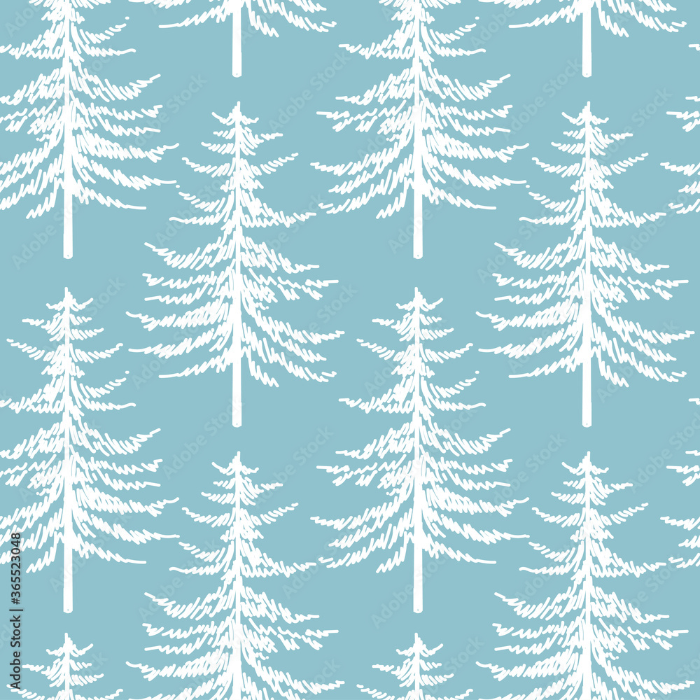 Fototapeta premium Christmas tree seamless pattern. Noel watercolor print, New year winter holiday decoration, blue christmas background with firs and white snow, wallpaper, wrapping paper design