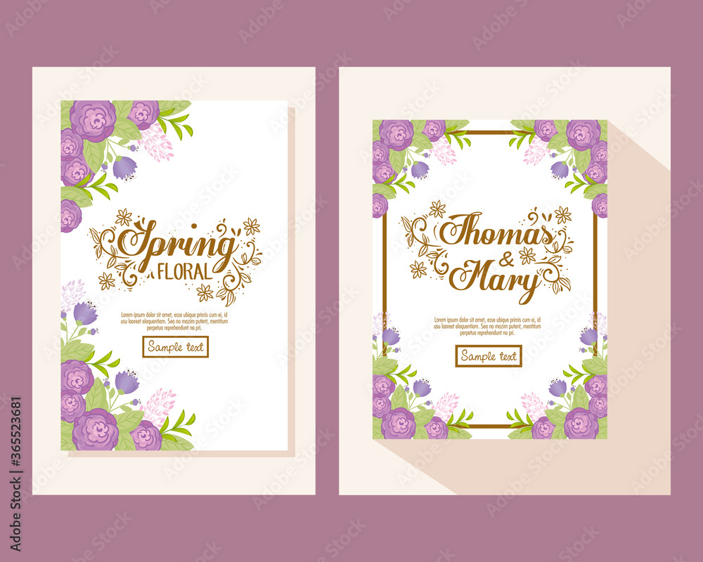 Wedding invitation with purple flowers and leaves design, Save the date and engagement theme Vector illustration