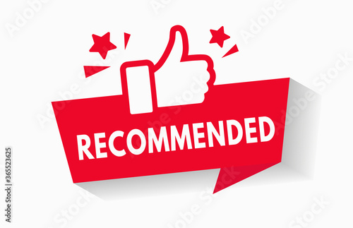 Recommended icon for great deal advice banner with thumb up sign. Best price banner design vector illustration. Good choice guarantee badge label for bestseller top product. Sale promotion design V2