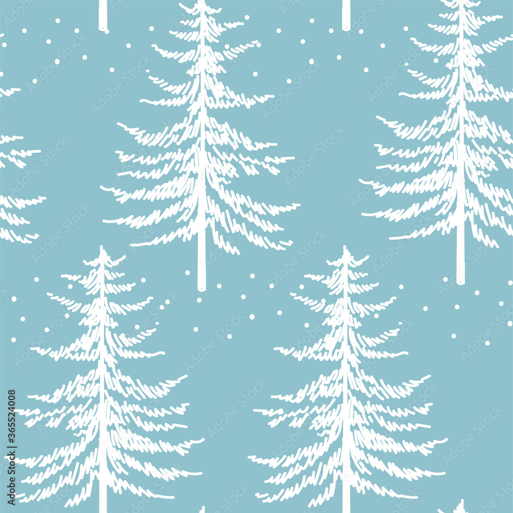 Fototapeta premium Christmas tree seamless pattern. Noel watercolor print, New year winter holiday decoration, blue christmas background with firs and white snow, wallpaper, wrapping paper design