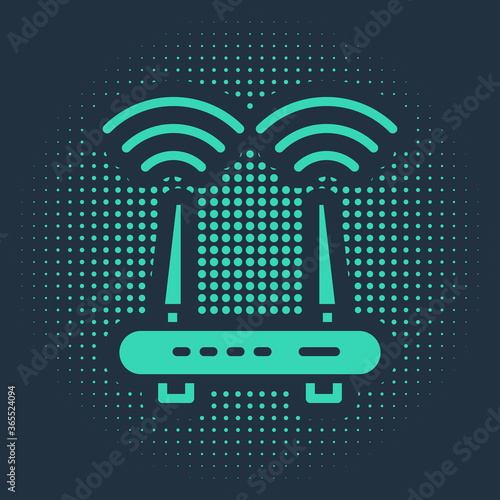 Green Router and wi-fi signal icon isolated on blue background. Wireless ethernet modem router. Computer technology internet. Abstract circle random dots. Vector.