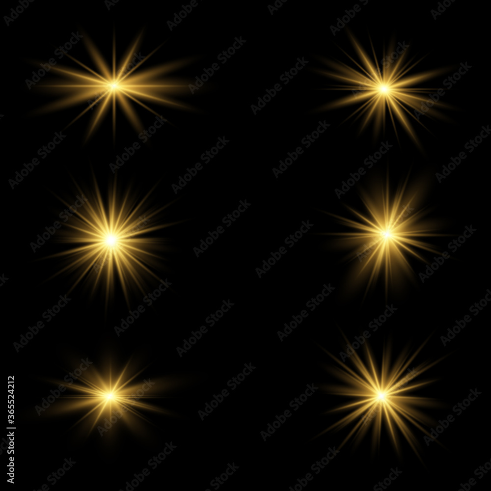 Set of bright Star. Yellow glowing light explodes on a transparent background. Set of bright Star. Yellow glowing light explodes on a transparent background.