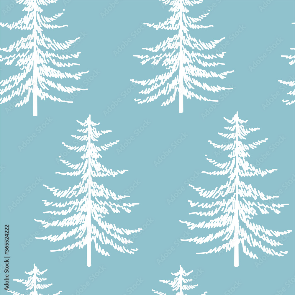 Obraz premium Christmas tree seamless pattern. Noel watercolor print, New year winter holiday decoration, blue christmas background with firs and white snow, wallpaper, wrapping paper design