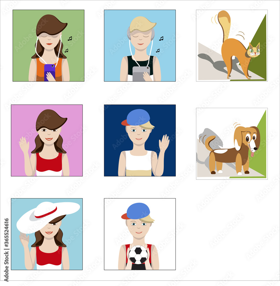 Stickers and emoji for the messenger and mobile. People. Animals. Dog. Cat. Emotions. Stickers and emoji for the messenger and mobile. People. Animals. Dog. Cat. Emotions.