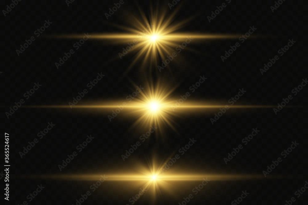 Set of flashes, Lights and Sparkles on a transparent background. Bright gold flashes and glares