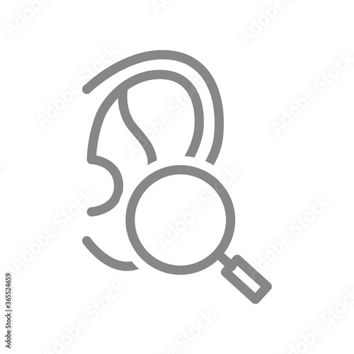Ear with magnifying glass line icon. Organ research, health analyzes, disease prevention symbol