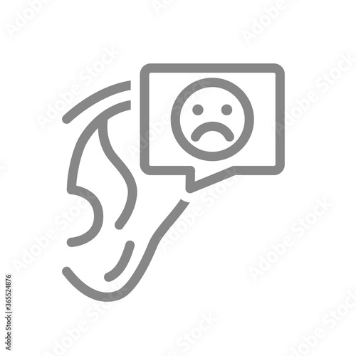 Ear with sad face in speech bubble line icon. Disease organ of hearing, otitis symbol