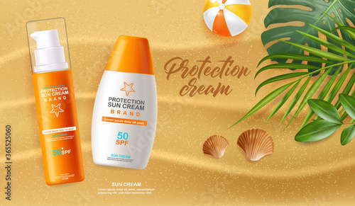 Sun cream bottle 3d realistic isolated, sea background, tropical banner beach, packaging mockup, protection sun cream, spf 50 summer cosmetics vector illustration