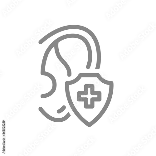 Healthy protected ear line icon. Heart treatment, first aid for hearing organ disease symbol