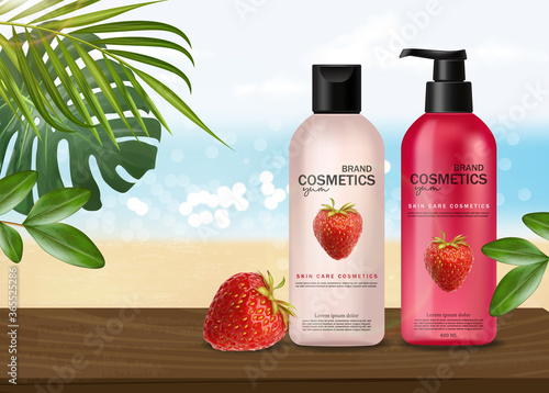 Realistic cosmetics with strawberry , skin care, summer cosmetics, shampoo and conditioner, pink bottle packaging mockup 3d, strawberry liquid, pink design, sea banner, ocean view vector illustration