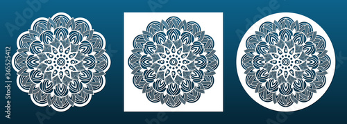 Laser cut mandala coaster or wall art panel, cnc cutting stencils. Abstract lace geometric pattern. Paper art, wood carving, diy craft template, fretwork. Vector illustration