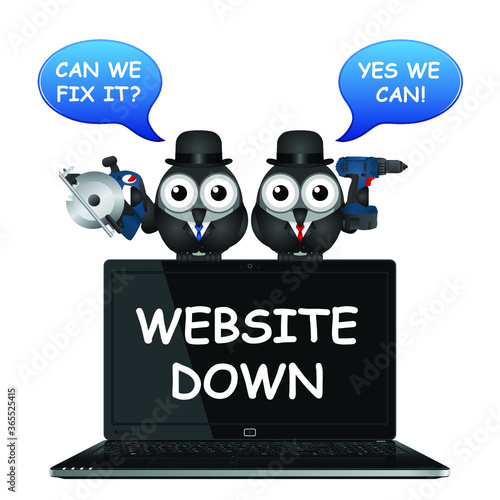 Comical website down with bird IT engineers perched on a laptop ready to fix the problem with power tools isolated on white background