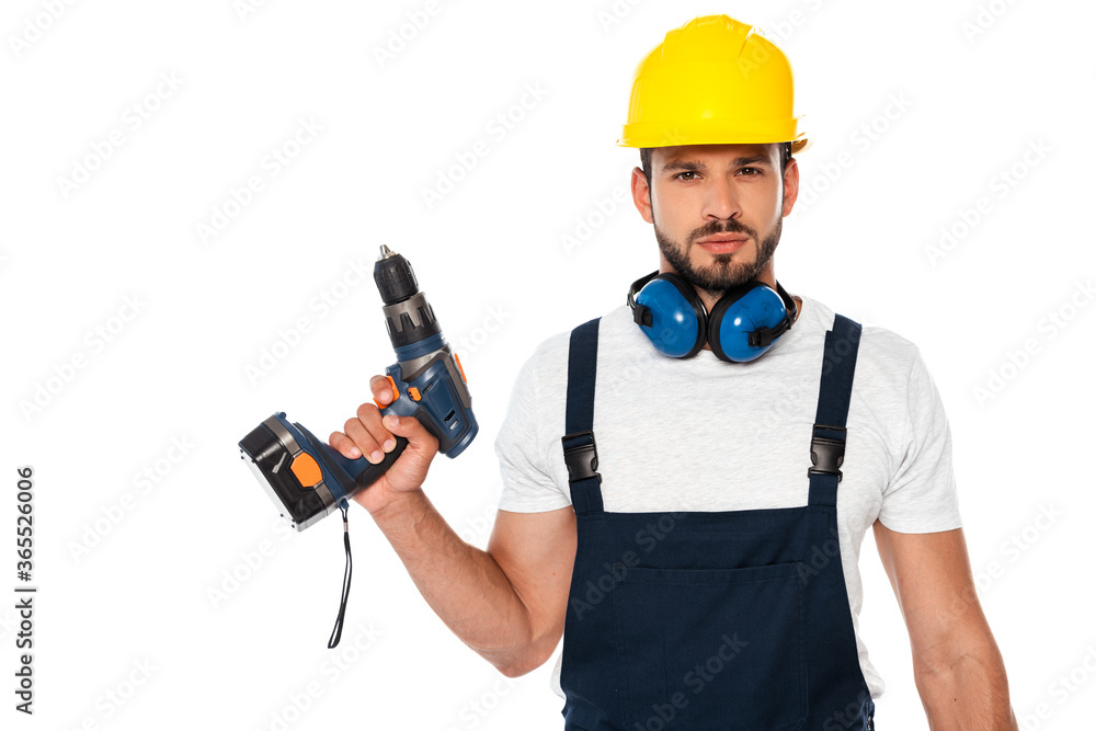 Handsome workman holding electric screwdriver isolated on white