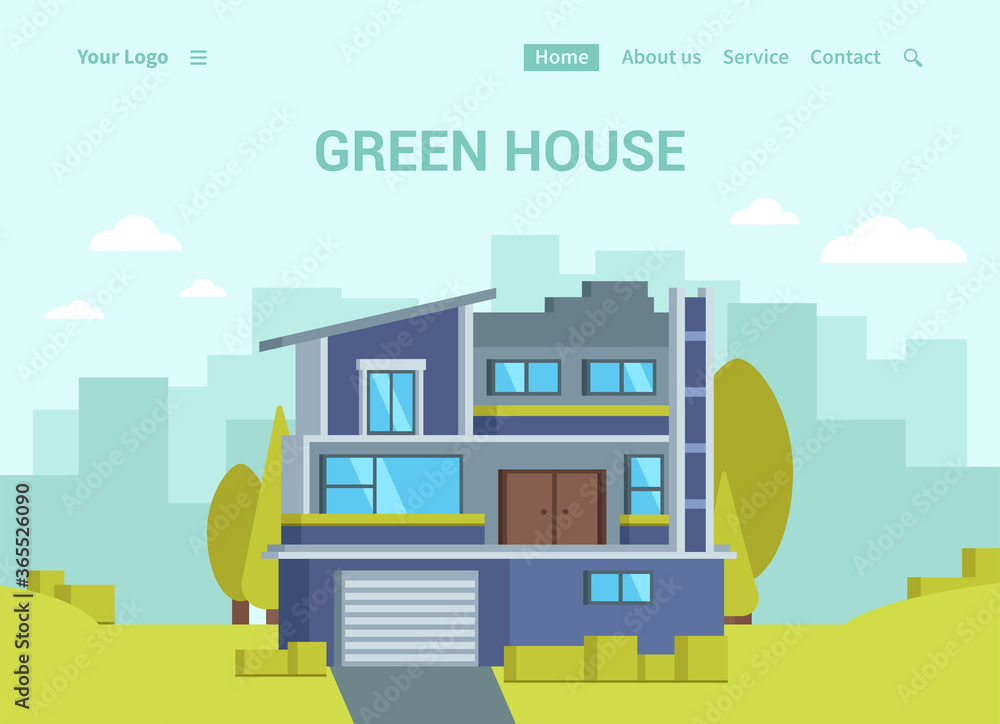 Vector concept of modern beautiful ecological house. Flat a green house away from the polluted city, which is surrounded by nature and fresh air. The main page of the site. Alternative energy sources. Vector concept of modern beautiful ecological house. Flat a green house away from the polluted city, which is surrounded by nature and fresh air. The main page of the site. Alternative energy sources.