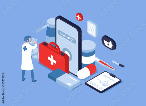 Vector illustration of an online pharmacy. Online medicine. A doctor, a pharmacy worker is looking for the right medicine and things for the client via the Internet. Isometry. Can be a web banner.