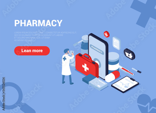 Vector illustration of an online pharmacy. Online medicine. A doctor, a pharmacy worker is looking for the right medicine and things for the client via the Internet. Isometry. Can be a web banner.