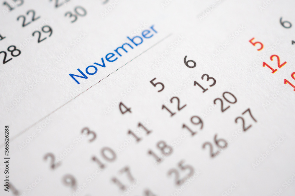 November calendar page with months and dates business planning appointment meeting concept November calendar page with months and dates business planning appointment meeting concept