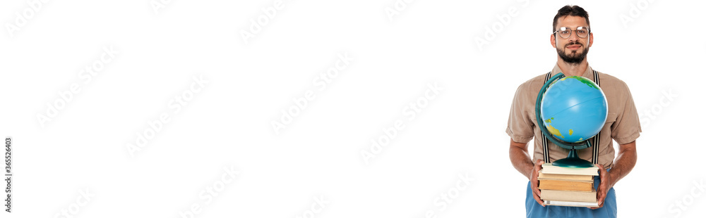 Panoramic shot of nerd holding books and globe isolated on white Panoramic shot of nerd holding books and globe isolated on white