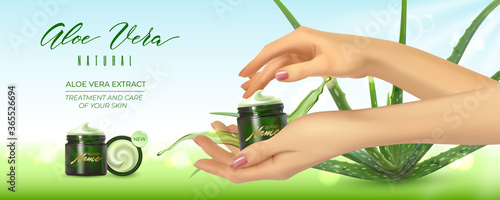Design advertising poster for cosmetic product, catalog, magazine.Design of cosmetic package.Moisturizing hand cream, gel, body lotion with aloe vera extract.Vector illustration with isolated objects