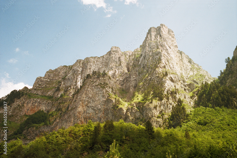 Panoramic view of the mountains of the Prokletije National Park in Montenegro. Real grain scanned film.