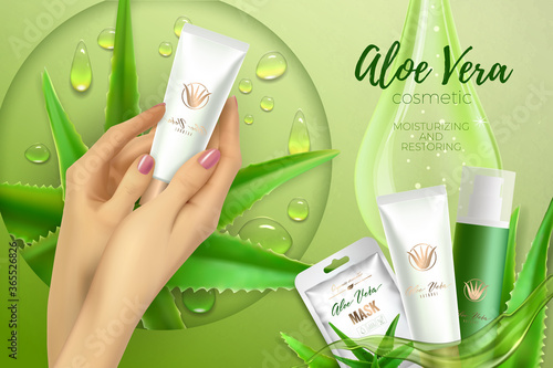 Design advertising poster for cosmetic product, catalog, magazine.Design of cosmetic package.Moisturizing hand cream, gel, body lotion with aloe vera extract.Vector illustration with isolated objects