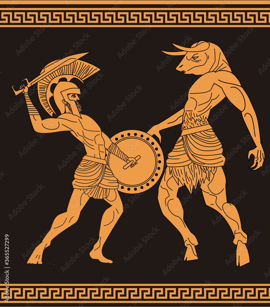Theseus Fighting The Minotaur Greek Mythology Tale Stock Vector Adobe Stock
