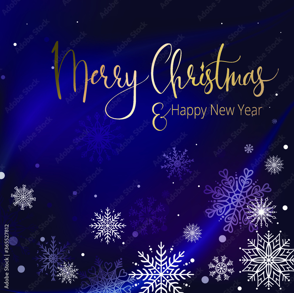 Chic Christmas Greeting Card. Postcard with an abstract dark background and snowflakes. Calligraphic text Merry Christmas Chic Christmas Greeting Card. Postcard with an abstract dark background and snowflakes. Calligraphic text Merry Christmas