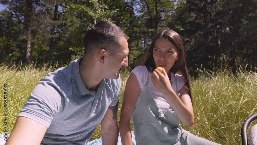 A young brunette wife teases her husband with an apricot while sitting on a summer sunny day in the grass in the meadow. The background is green trees. A young brunette wife teases her husband with an apricot while sitting on a summer sunny day in the grass in the meadow. The background is green trees.