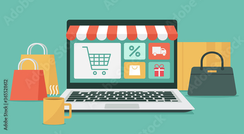 online shopping concept on laptop computer, e-shopping and e-commerce, online digital store with goods, vector flat graphic illustration