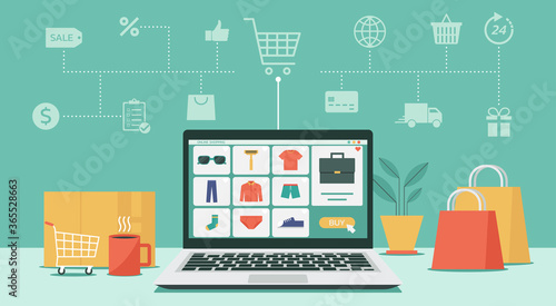 online shopping or digital store on laptop computer concept, men fashion products from e-shop with icons and goods, vector flat graphic illustration