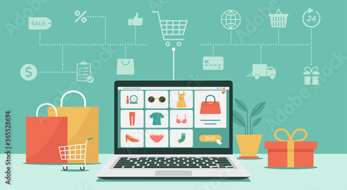 online shopping or digital store on laptop computer concept, women fashion products from e-shop with icons and goods, vector flat graphic illustration
