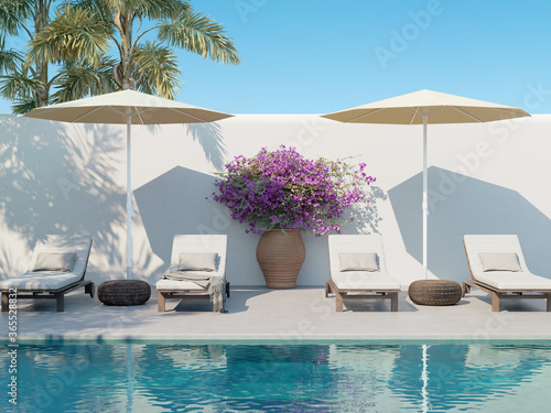 3d rendering of a pool with sunbeds in a hotel in Santorini, the Greek island