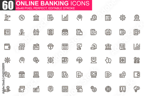 Online banking thin line icon set. Credit card payment outline pictograms for website and mobile app GUI. Financial services simple UI, UX vector icons. 48x48 pixel perfect linear pictogram pack.