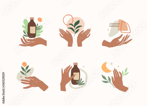 Natural cosmetic from organic plants in female hand. Set of spa bio cremes